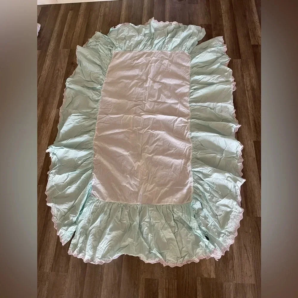 Simply Shabby Chic Baby Cribskirt Dust Ruffle  Blue Pink Embroidery VTG 2012 New